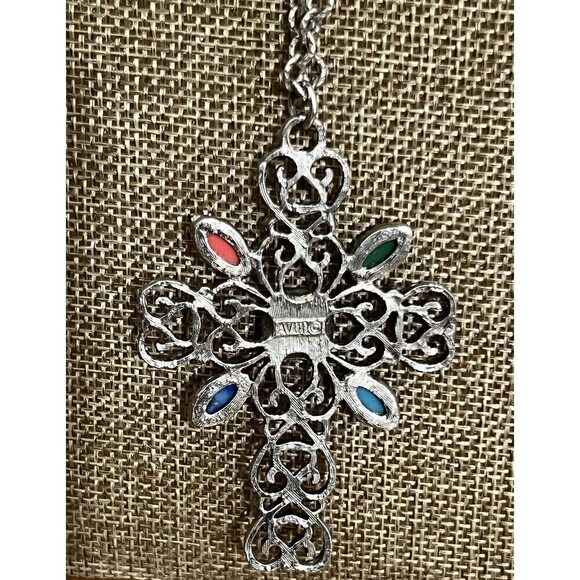 Vintage AVON Necklace Silver Tone Filigree Cross Pendant Colorful Beads - Picture 3 of 5